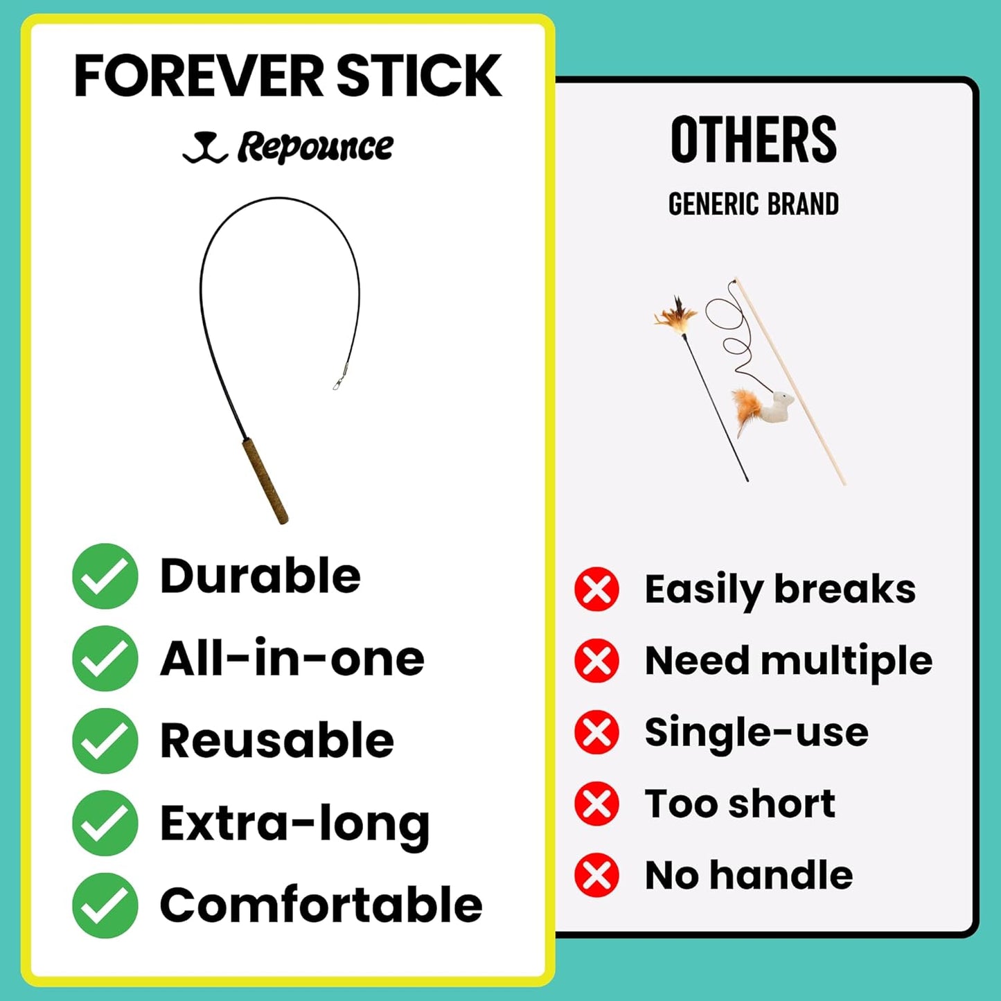 Forever Stick 2 Pack - The Unbreakable Cat Toy Wand, Extra Long Durable Interactive Cat Toy for Indoor Cats, Feather Kitten Toys for Bored Indoor Adult Cats, Bird Teaser Cat Accessories