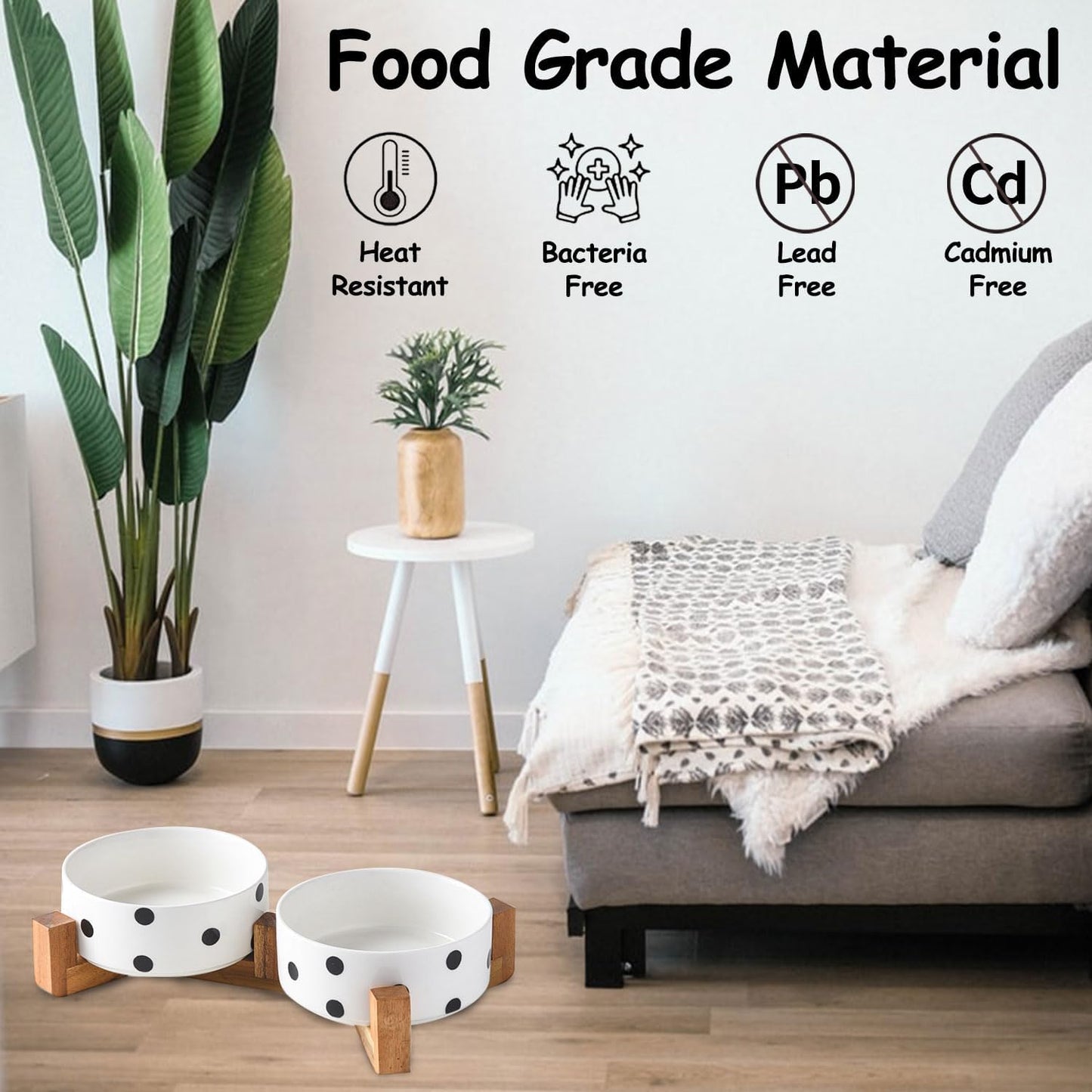 Petygooing Ceramic Dog Bowl Set with Stand,Cat Pet Food and Water Dishes,Small Dog Bowls Anti -Slip Set of 2 Cat Bowls Pet Food Dish Small Size Pet (13.5OZ/5.1 in) Black Dot