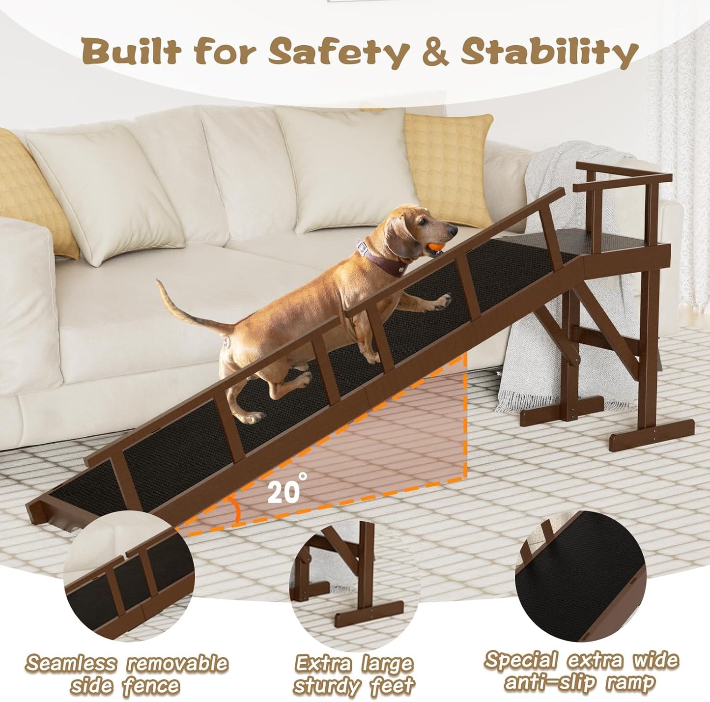 73" Dog Ramp for Bed, Pet Ramp with Removable Side Rail and Non-Slip Surface, Pet Ramp for Small & Large & Senior Dogs with Rest Platform and DIY Glow Strips,Dog Stairs for Couch, Brown