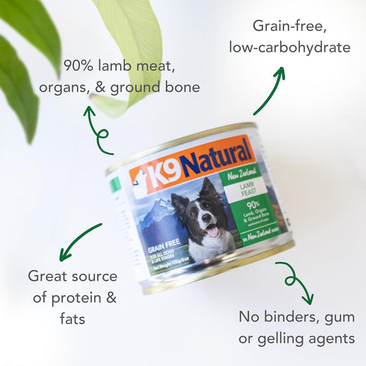 K9 Natural Wet Dog Food Pate, Lamb Feast, 6 Oz Cans (Pack of 12), Grain Free, Made in New Zealand with Grass-Fed, Free-Range Lamb, Single Source, Limited Ingredient