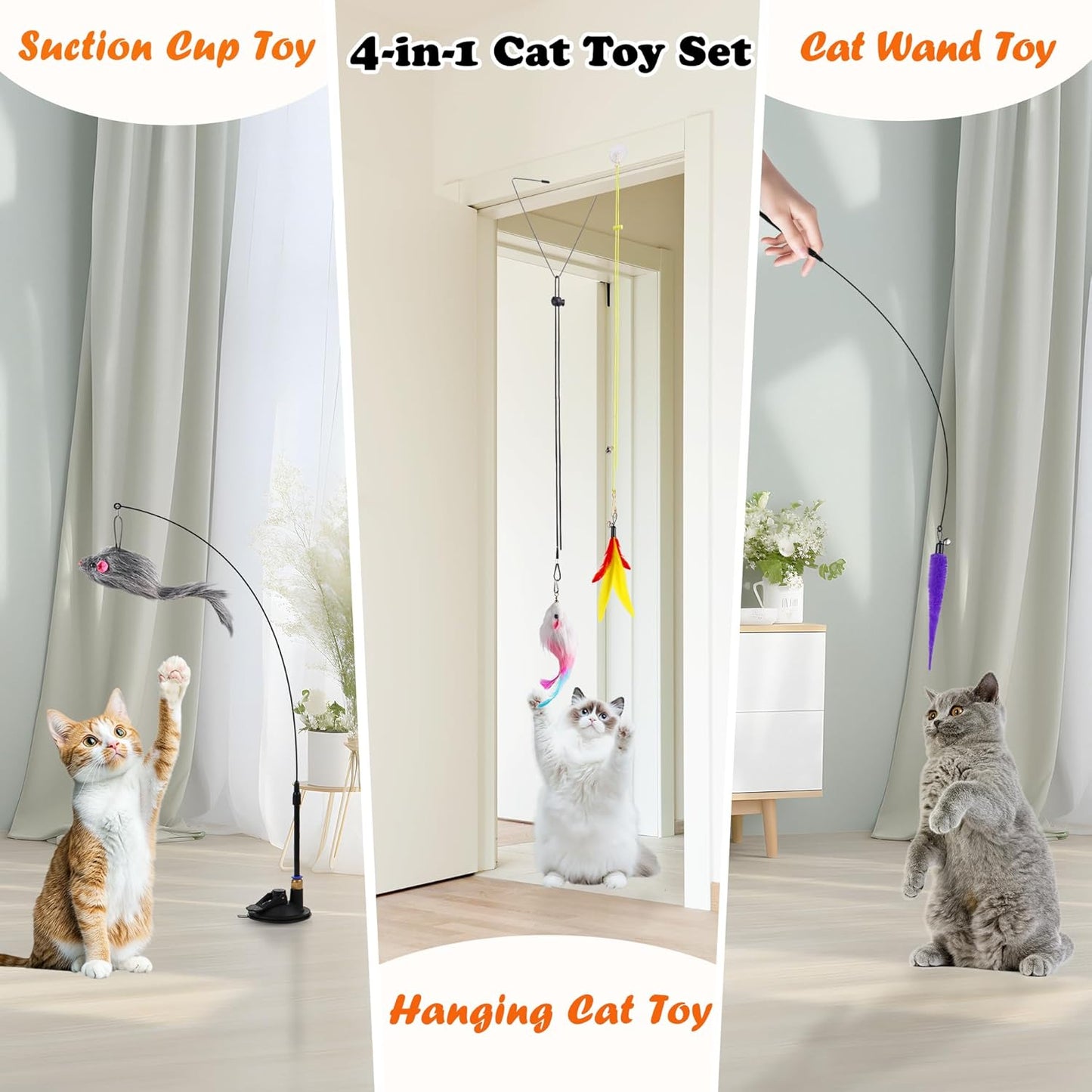 Soarer 4-in-1 Interactive Cat Feather Toys,12Pcs Durable Fishing Pole Cats Feathers Toy Replacements,Enhanced Suction Cup Cats Wand Toy,2 Types Door Hanging Cat String Toys for Indoor Kitten