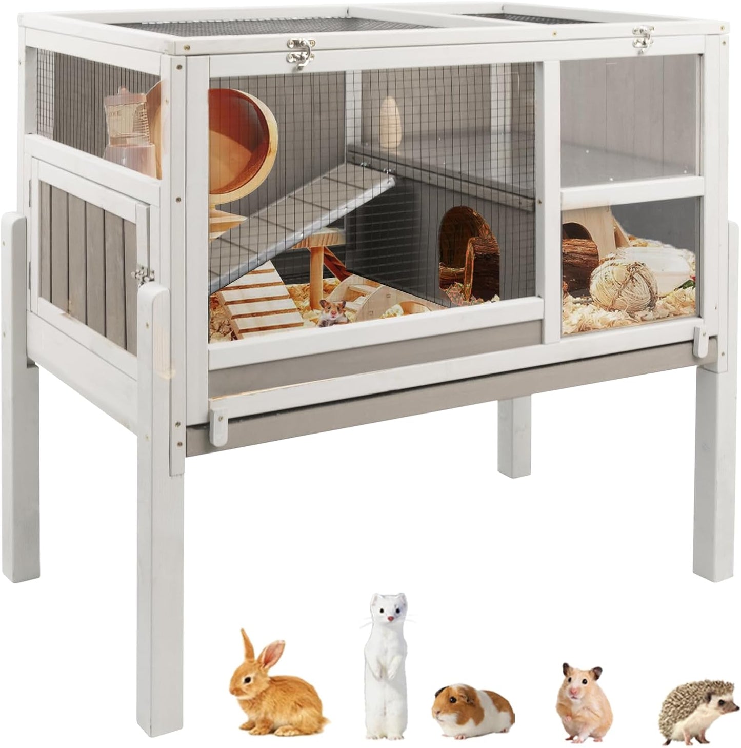 Guinea Pig Cages Indoor, Wooden Guinea Pig Cages with Stand, Rabbit Cage Hutch with Ramp and Hideout, Small Animals Cage Habitat with Not Leakage Pull Out Tray