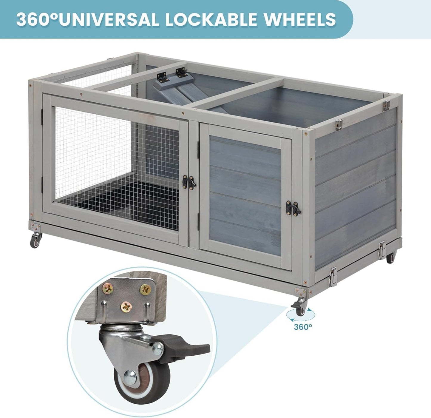 Weatherproof Wooden Rabbit Hutch for Indoor Outdoor Use, 2 Story Bunny Cage House with Wheels, Small Animal Shelter with Pull Out Tray, Non-Slip Ramp, Chicken Coop, Pet House Guinea Pigs Quail