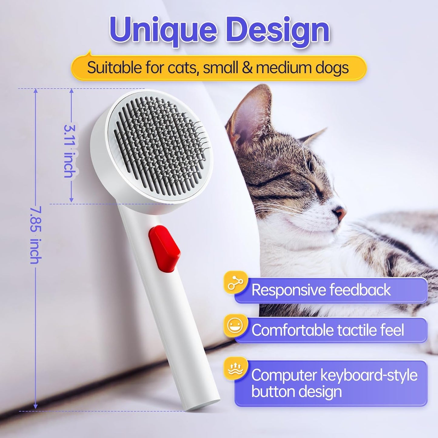 Cat Brush for Shedding with One-Click Button, Pet Comb for Indoor Cats, Suitable for Long or Short Haired Cats, Small and Medium Dogs, Grooming for Puppy Kitten Massage Removes Loose Fur