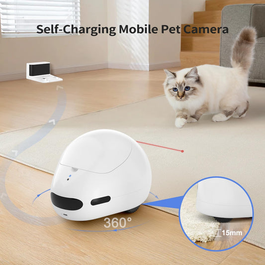 Cat Camera with Interactive Pointer Toy, Moving Robot for Dog and Cat, Mobile Pet Camera Treat Dispenser with Phone App, Auto Recharging and Night Vision, Two-Way Audio (2.4G Wi-Fi Only)