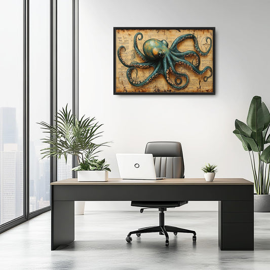 Large Octopus Nautical Wall Art for Living Room, Vintage Ocean Canvas Oversized Wall Decor, Rustic Sea Animal Framed Pictures Painting Print Artwork for Bedroom Office 36"L x 24"W