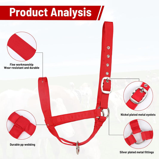 XUANNIAO Easily Adjustable Figure 8 Cow Halter, Double-Ply Premium Livestock Cattle Halters, Colorful Cow Utility Calf Halter with Leading Rope for Miniature Horse Donkey Goat Foal (Large, Red)