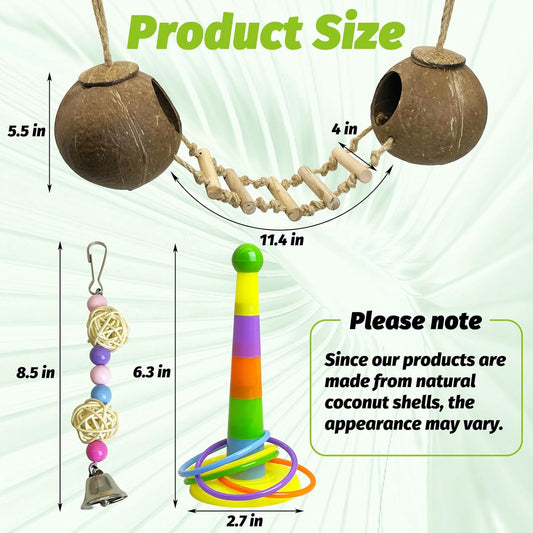 kathson 5Pcs Bird Coconut House with Ladder Parakeet Coconut Nest for Cages Parrot Hut Hanging Natural Coconut Fiber Conure Chewing Toys for Cockatiel Budgie Lovebird Cockatoos