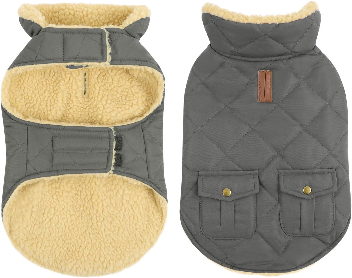 Queenmore Dog Winter Coat - Fleece Jacket, Waterproof Cold Weather Clothes, Thick Warm Cotton Padding, Easy On/Off Storage Pockets (Grey, X-Small)