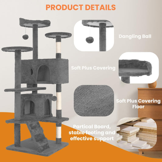 54.7 Inches Cat Tower for Indoor Cats, Multi-Level Cat Condos with Scratching Posts, Hanging Toys, Light Gray