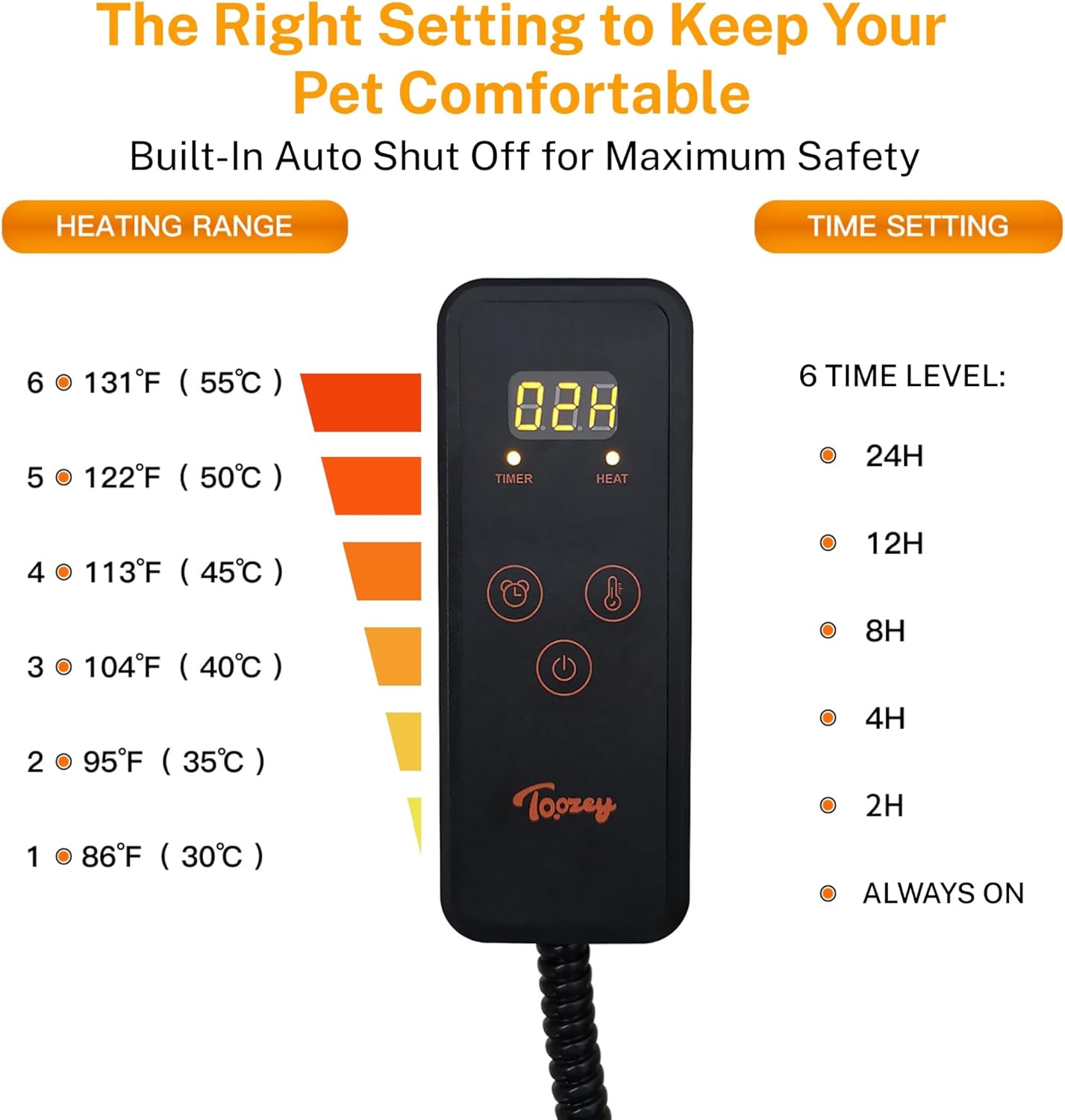 Toozey XL Pet Heating Pad, Waterproof & Chew Resistant, 6 Temp Settings with Timer, 47x28 in for Dogs & Cats