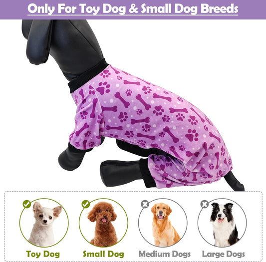 PET SHOW 4 Pack Small Dog Pajamas Paw Bone Patterns Cute Clothes for Medium Dogs Soft Fleece Stretchy PJs 4 Legged Jumpsuit Puppy Cats Onesies Outfits with Sleeve Dachshund Doggies Girl Boy (Small)