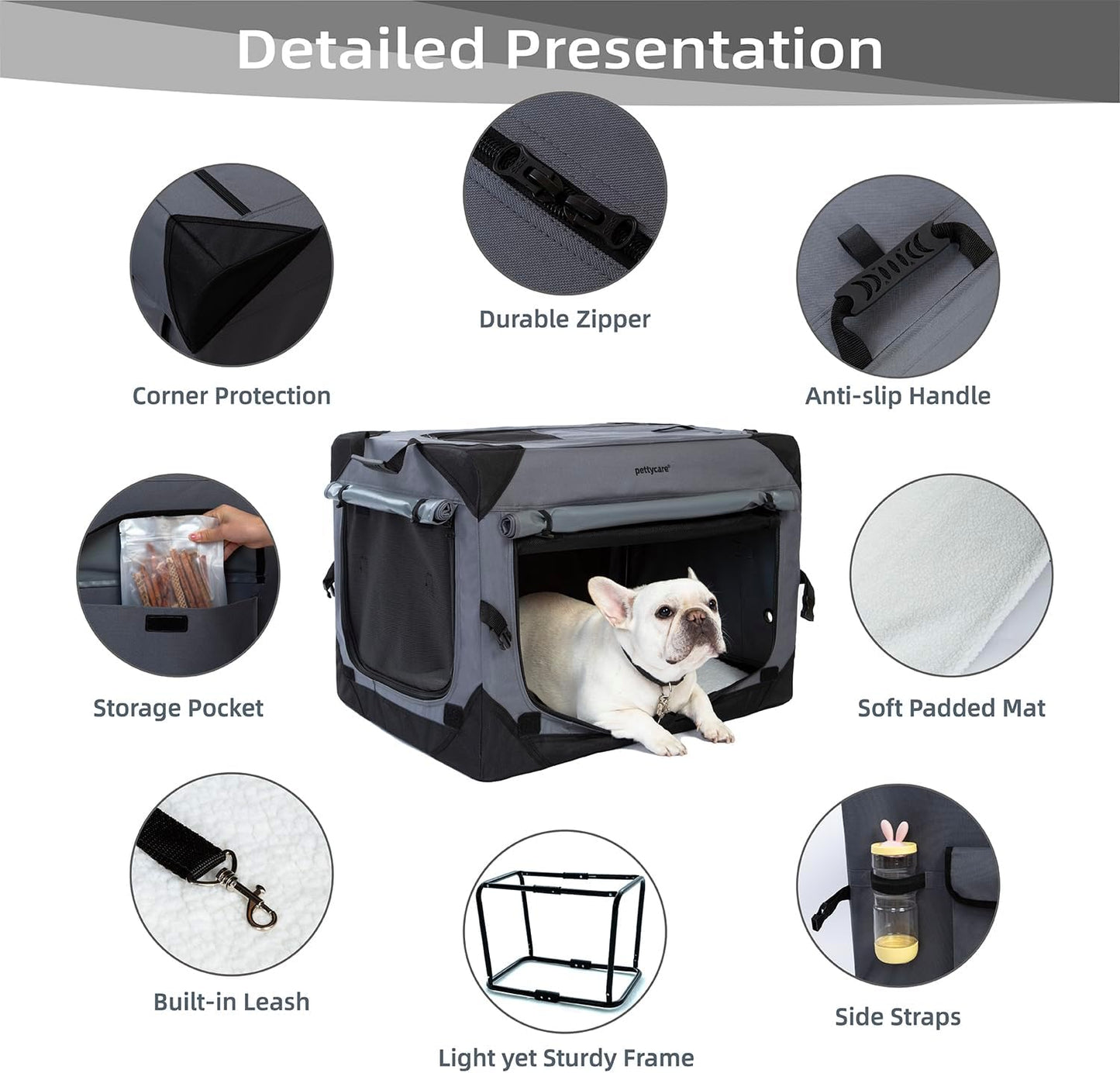 Pettycare 26 Inch Collapsible Dog Crate with Curtains Travel Dog Crate for Airflow and Calm Soft Pet Kennel with Portable Bag and More Chew Proof Mesh Indoor & Outdoor Grey 4 Door Curtains