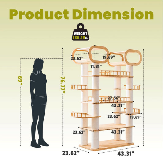 76.8'' Modern Cat Tree, Tall Cat Tower for Indoor Cats, Pine Wood Climb Tower with 2 Removable Mats, Heavy Duty Cat Furniture with Fully Wrapped Scratching Post, Huge Cat Condo for Multi-Cat Families