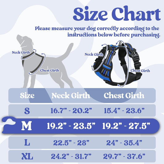 rabbitgoo Dog Harness Medium Sized, No Pull Pet Harness with 3 Buckles, Adjustable Soft Padded Vest with Control Handle, Walking Reflective Pet Vest for Medium Dogs, Blue, M