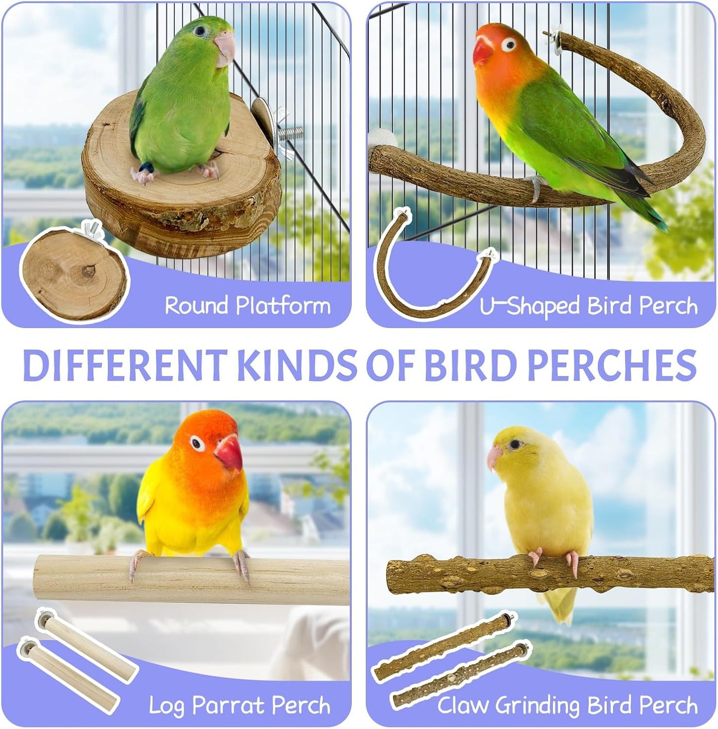 PINVNBY 6 PCS Natural Bird Perches Wooden Parrot Perch Sets Bird Perches for Cage Parakeet Platform Hammock Paw Grinding Fork Chewing Stick for Budgies Conures Finches Cockatiels Lovebirds