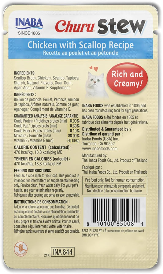 INABA Churu Stew for Cats, Side Dish Pouch with Vitamin E, 1.4 Ounces per Pouch, 12 Pouches, Chicken with Scallop Recipe