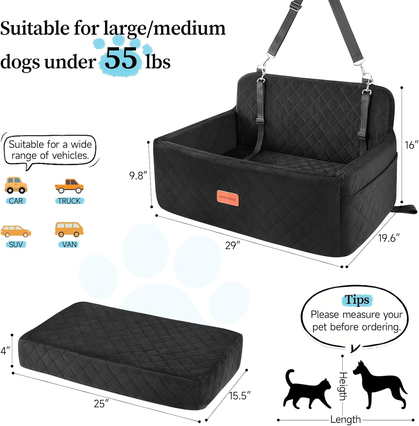 Dog Car Seat for Medium/Large Dogs, Pet Booster Seat for Under 55 lbs or 2 Small Dogs, Detachable & Washable Dog Car Bed for Backseat with 2 Safety Leashes(Black)