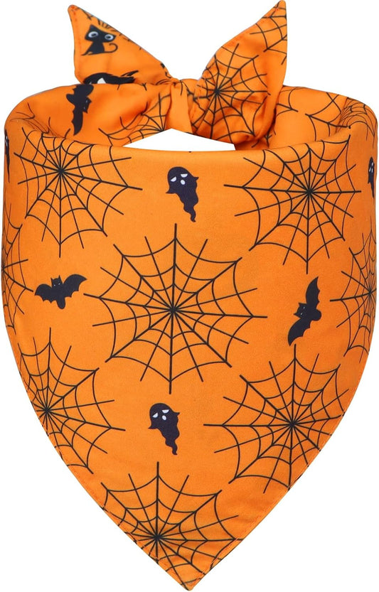 Halloween Dog Bandana for Small Dogs - Reversible Orange Jack-o-Lantern & Spiderweb Print Scarf - Soft & Quick-Dry for Costume Parties