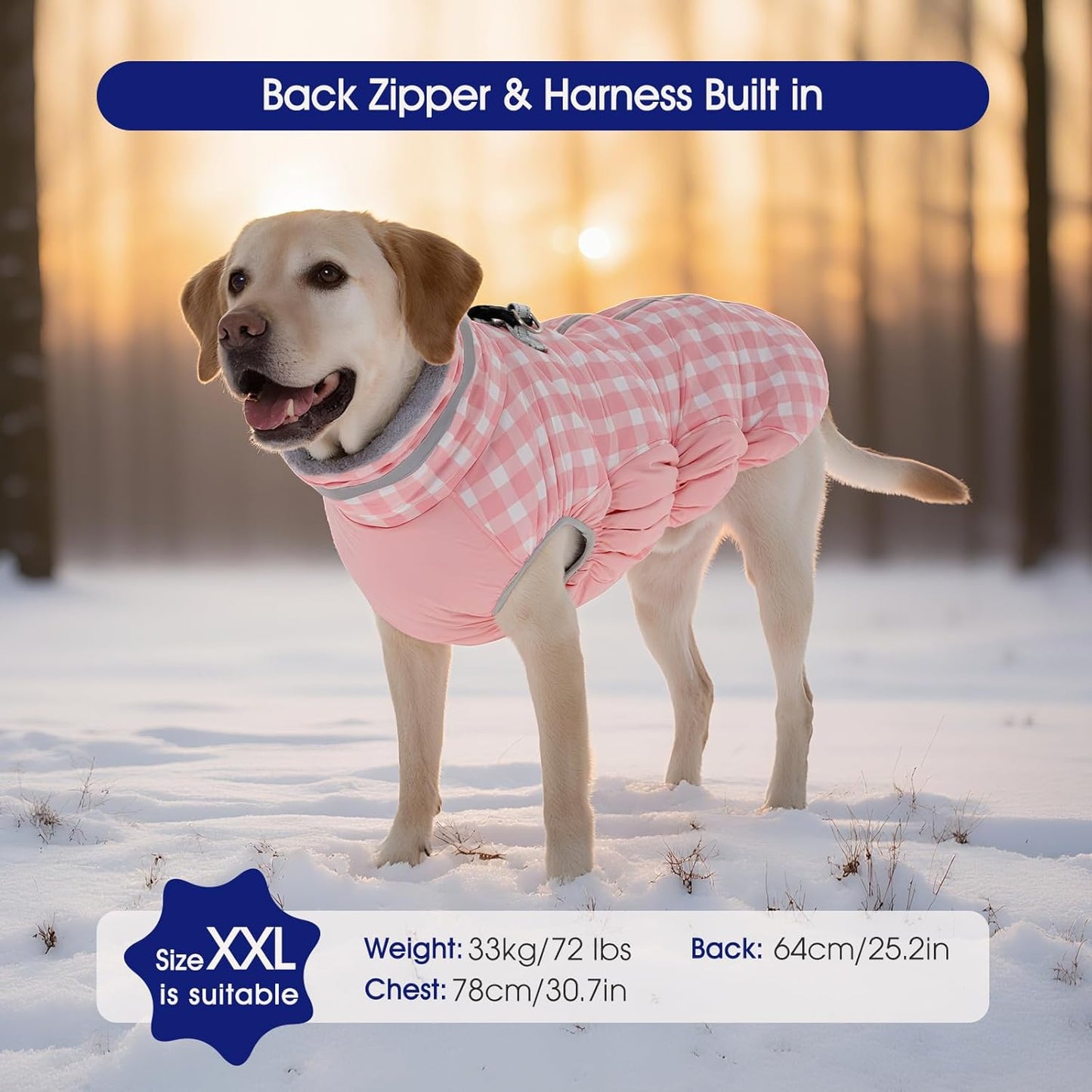 FUAMEY Dog Coat for Large Dogs,Waterproof Dog Winter Jacket with Harness Built in Puppy Cold Weather Coats Reflective Pet Vest with Zipper Warm Fleece Dogs Snowsuit Windproof Pink Plaid 3XL