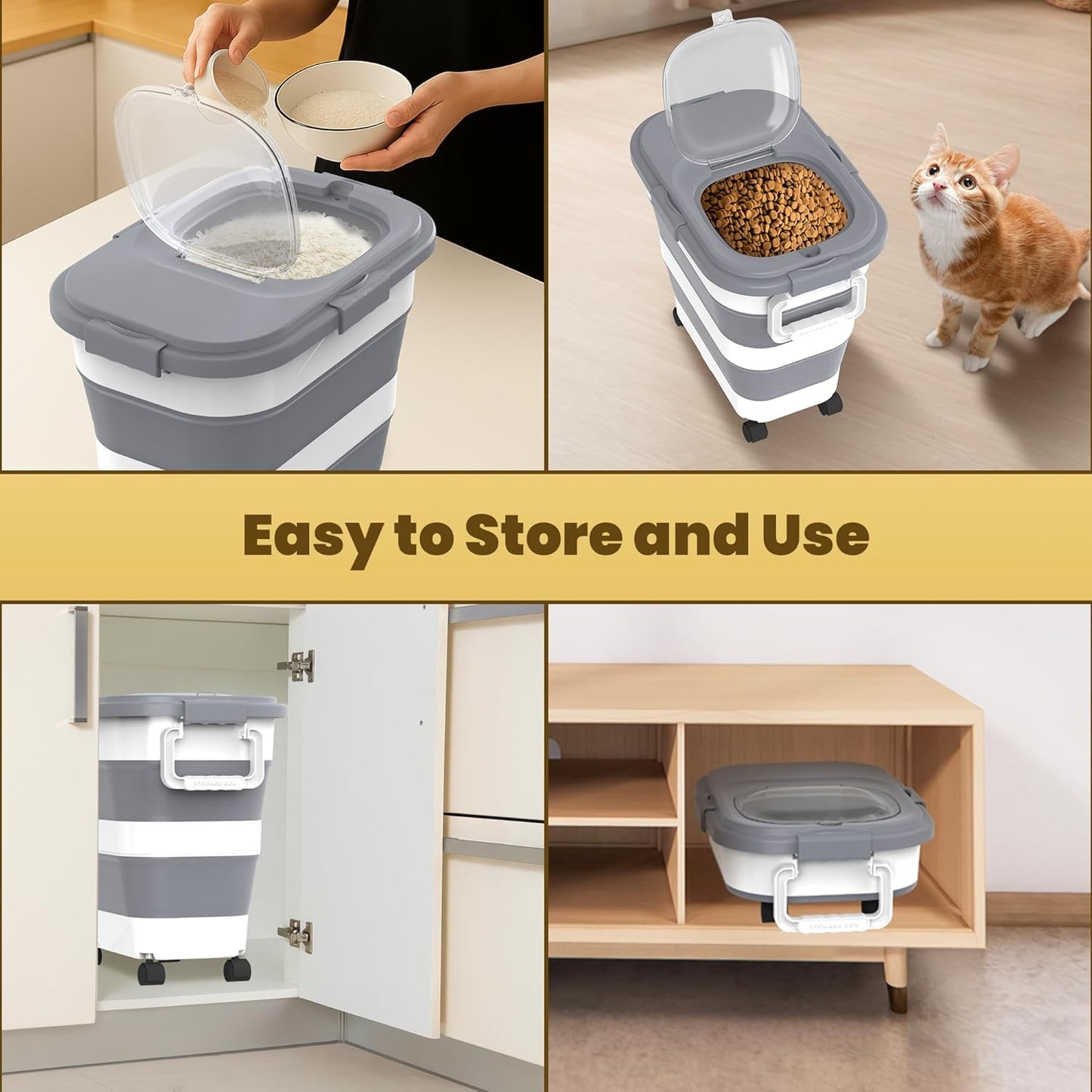 HOYTAMDA 30-40Lbs Rice Container,Collapsible Airtight Food Storage Containers with Wheels,Handle,Rice Storage Container with Small Bin and Scoop,Rice Dispenser for Flour Sugar Cereal Grain Dog Cat