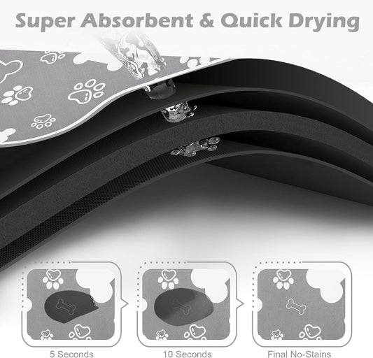 Dog Cat Food Mat,Rapid Absorbent Pet Feeding Mat, Bone Shaped Dog Placemat Water Bowl Mat with Rubber Backing,No Stains Dog Cat Food Mats Indoor, Pet Accessories Supplies 12"x18" Grey