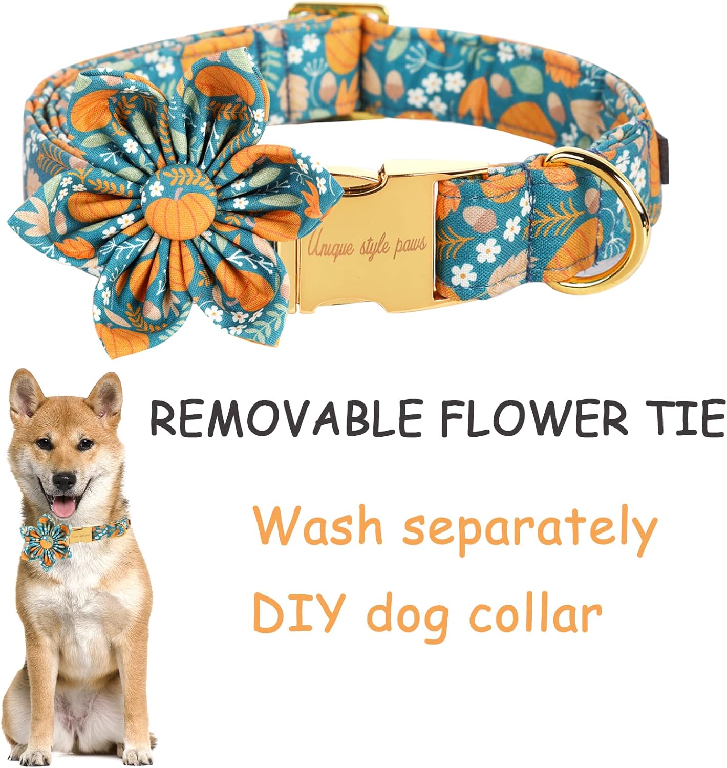 Unique style paws Halloween Dog Collar with Flower Tie Pumpkin Cotton Collar Adjustable Puppy Collar for Small Medium Large Dogs-XL