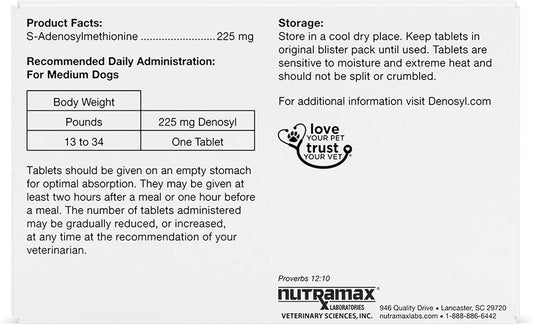 Nutramax Denosyl Liver and Brain Health Supplement for Medium Dogs - With S-Adenosylmethionine (SAMe), 30 Tablets