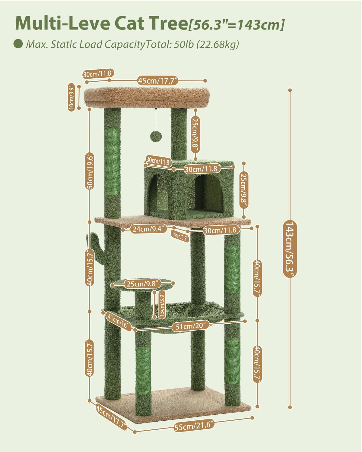 Cactus Cat Tree for Large Cats with Metal Plush Big Hammock, 56.3" Cat Tower for Indoor Cats with 2 Door Condo House, 6-Tier Cat Shelves with Scratching Posts and Large Top Perch,Green