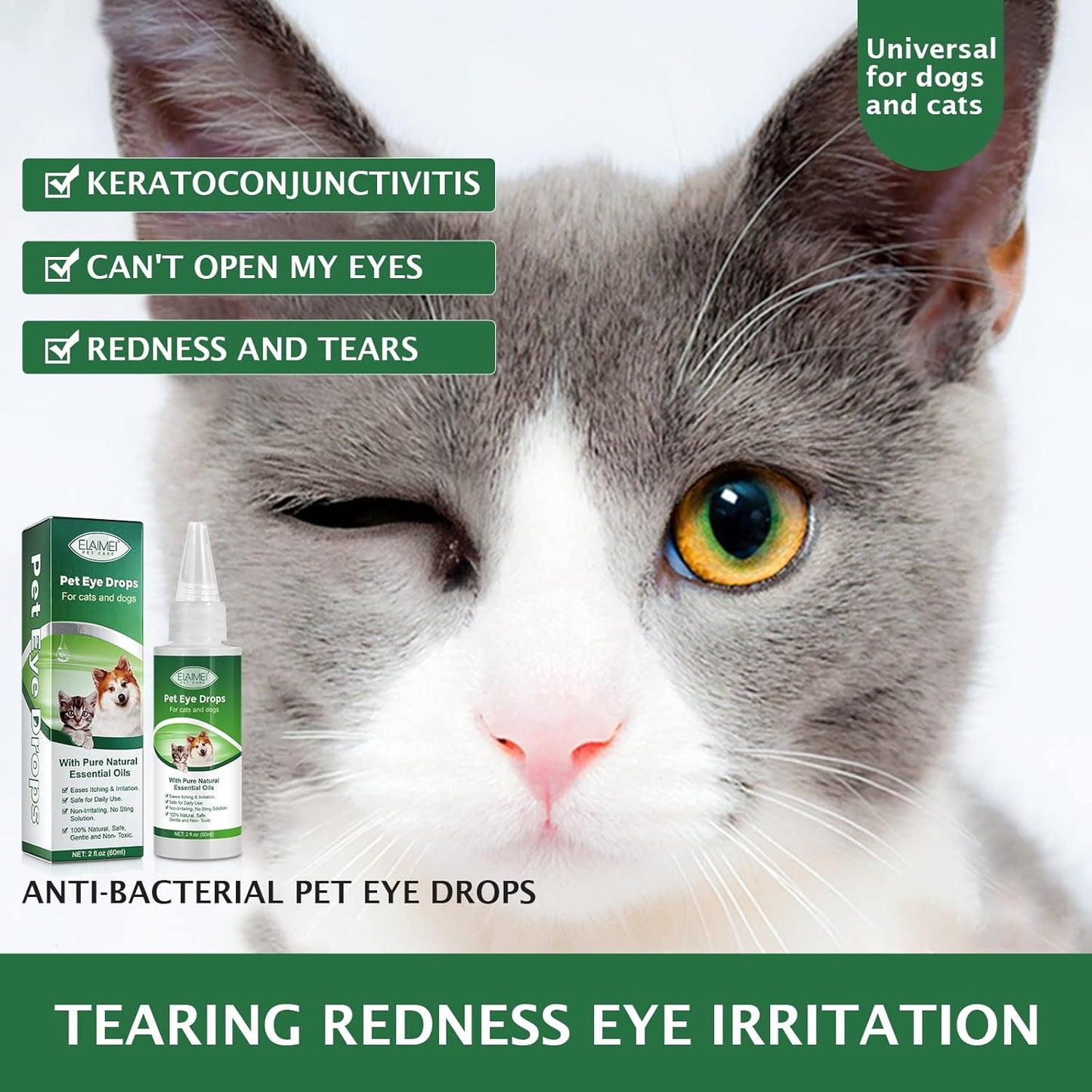 Pet Eye Drops for Dogs & Cats, Relieve Itching, Irritation & Allergies Symptoms - Natural Formula, Dog Eye Infection Treatment, Safe for Daily Use(60ml)
