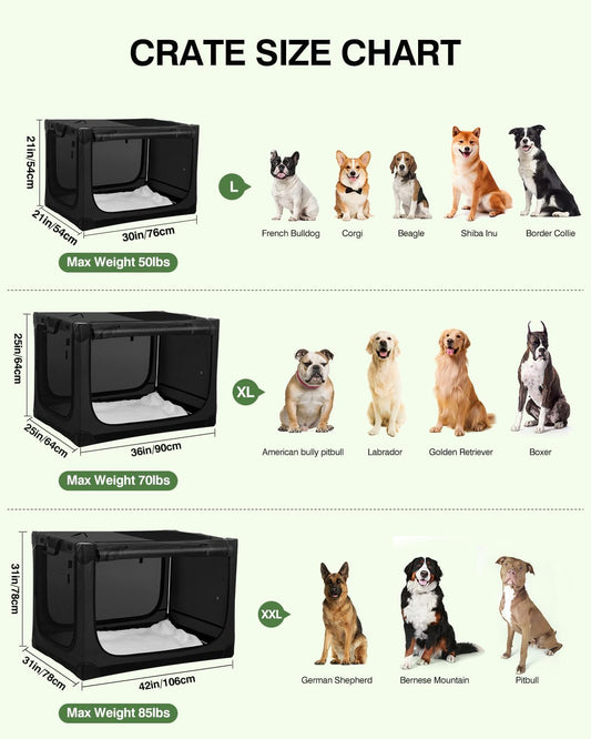 42 Inch Collapsible Travel Dog Crate for Medium Large Dogs, Portable Dog Crate 4-Door Foldable Soft Kennel with Durable Mesh Windows for Indoor & Outdoor Travel, with Storage Bag,Black