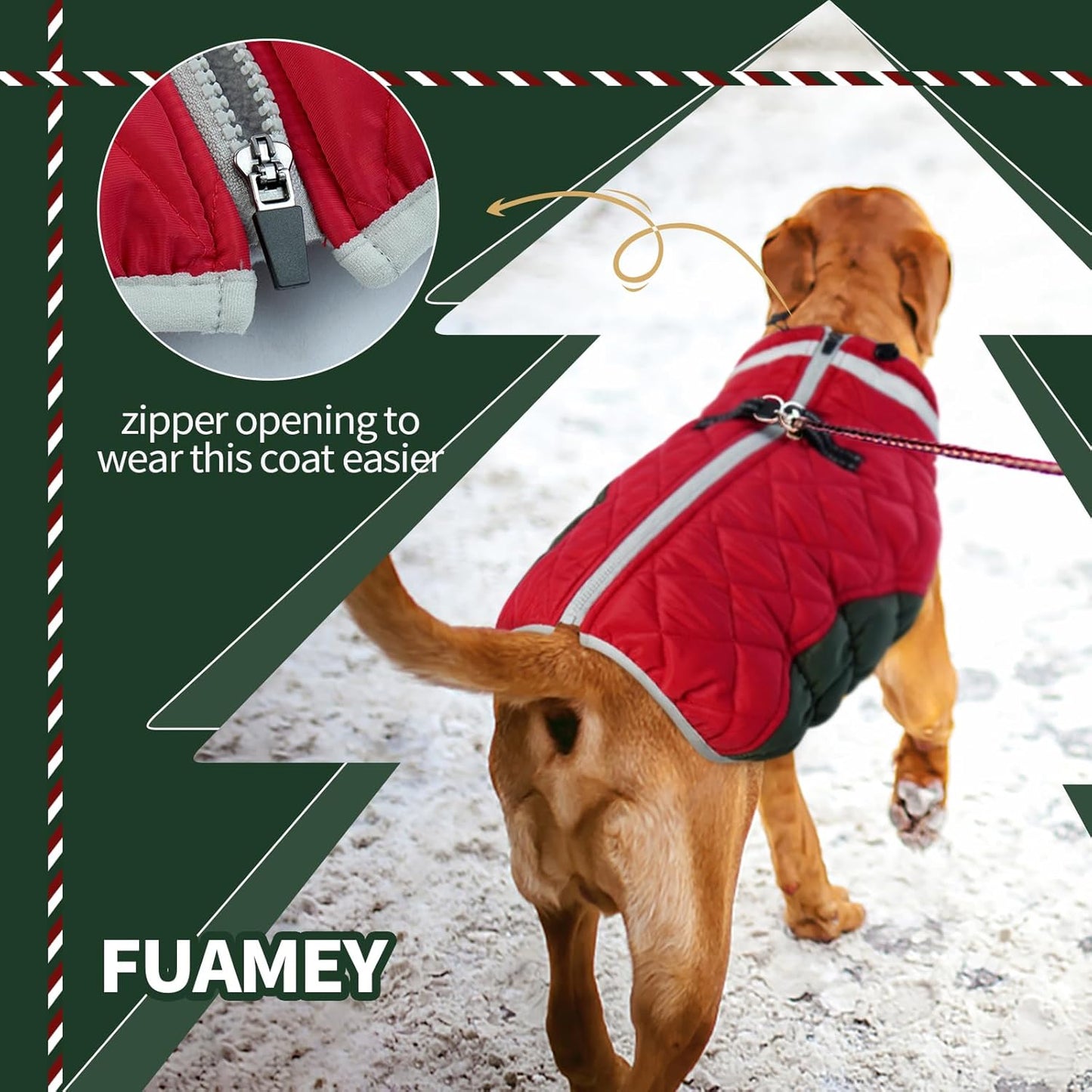 FUAMEY Dog Coat for Small Dogs,Waterproof Dog Winter Jacket with Harness Built in Puppy Cold Weather Coats Reflective Pet Vest with Zipper Warm Fleece Dogs Snowsuit Windproof Christmas XS