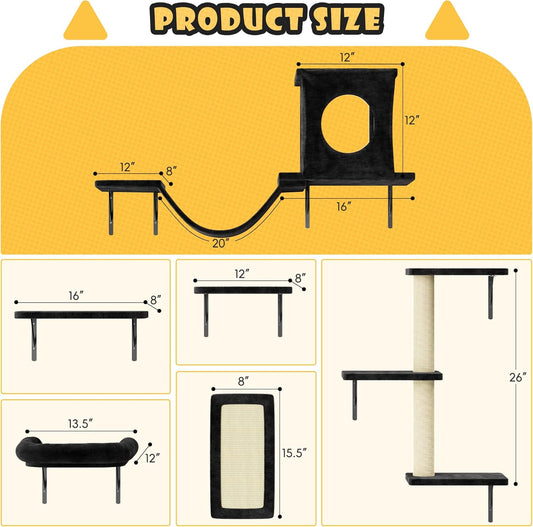 NUNU LAB Wall Mounted Cat Furniture, 6 Pcs Cat Wall Shelves with Condo House, Bridge, Steps, Scratcher, Hammock, Indoor Safe & Stable Furniture for Kittens Play, Black