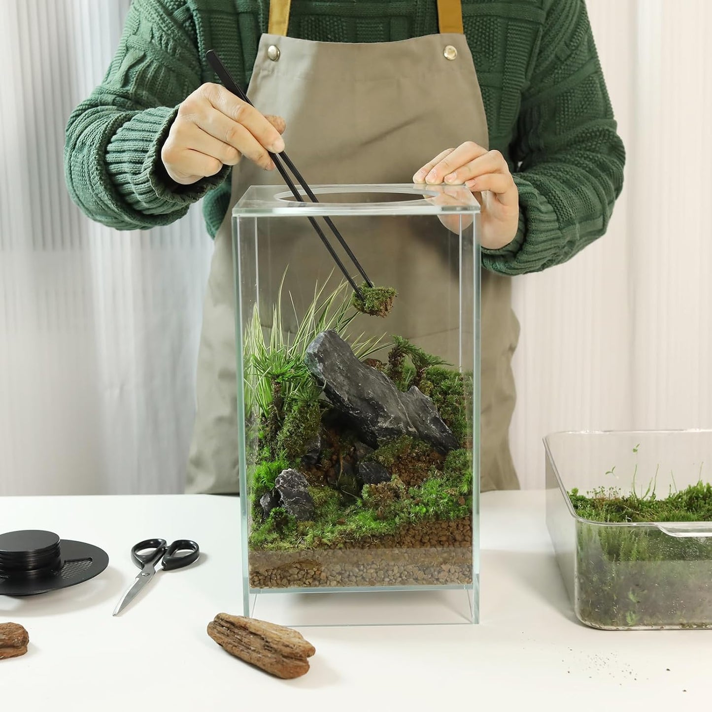 Desktop Glass Plant Terrarium with Grow Light(L7.8 W7.8 H14), for Succulent, Moss, Miniature Gardening Landscape, Betta Fish Tank, Indoor Plant Growth, Office Home Decoration (TimeControlled)