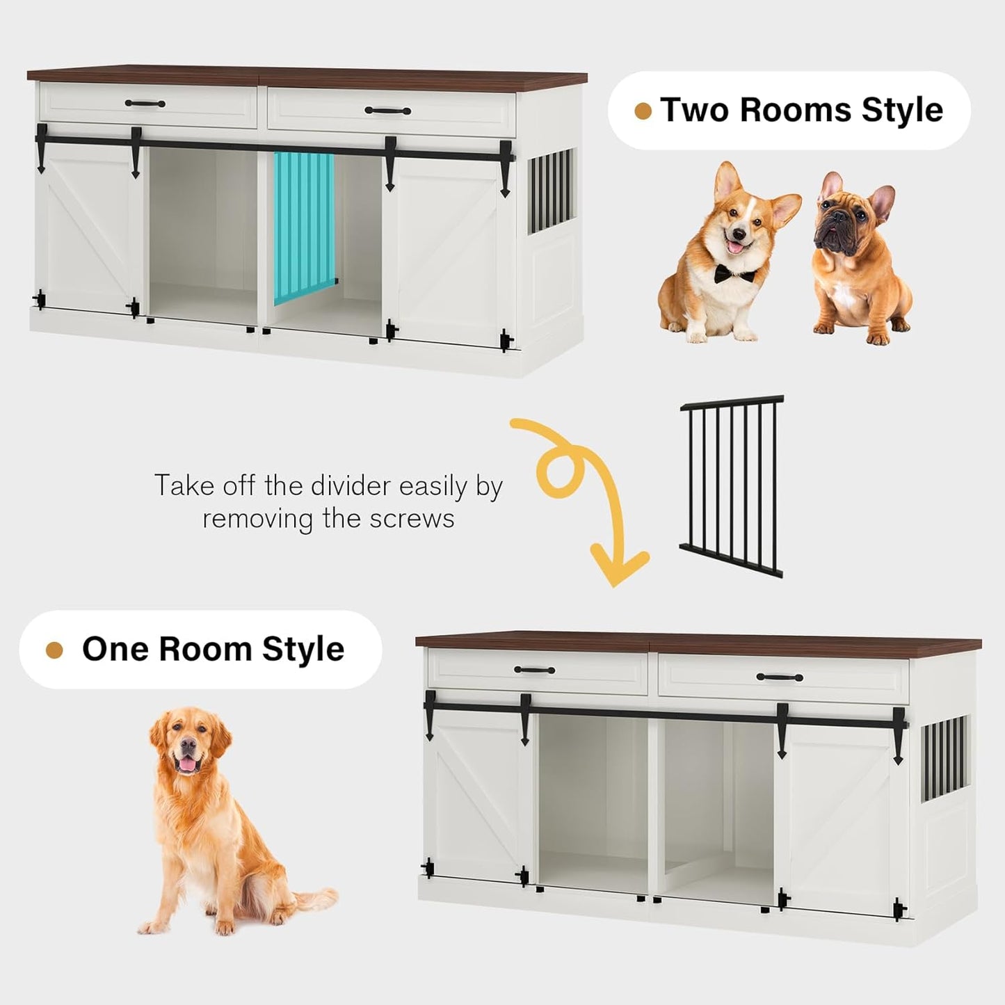 Large Dog Crate Furniture - Wooden Indoor Dog Kennel Furniture for 2 Dogs with Sliding Barn Door and Removable Divider, Heavy Duty Dog Crate Table, 63" L x 23.6" W x 31.5" H, White