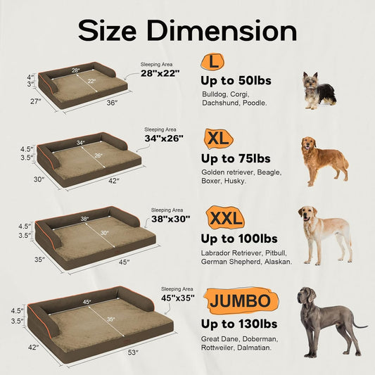 Large Dog Bed Orthopedic Washable - Waterproof with Removable Cover - Memory Foam - XXL Large Big Dogs - Beds Bolster Pet - Couch Sofa - Brown Dog Bed