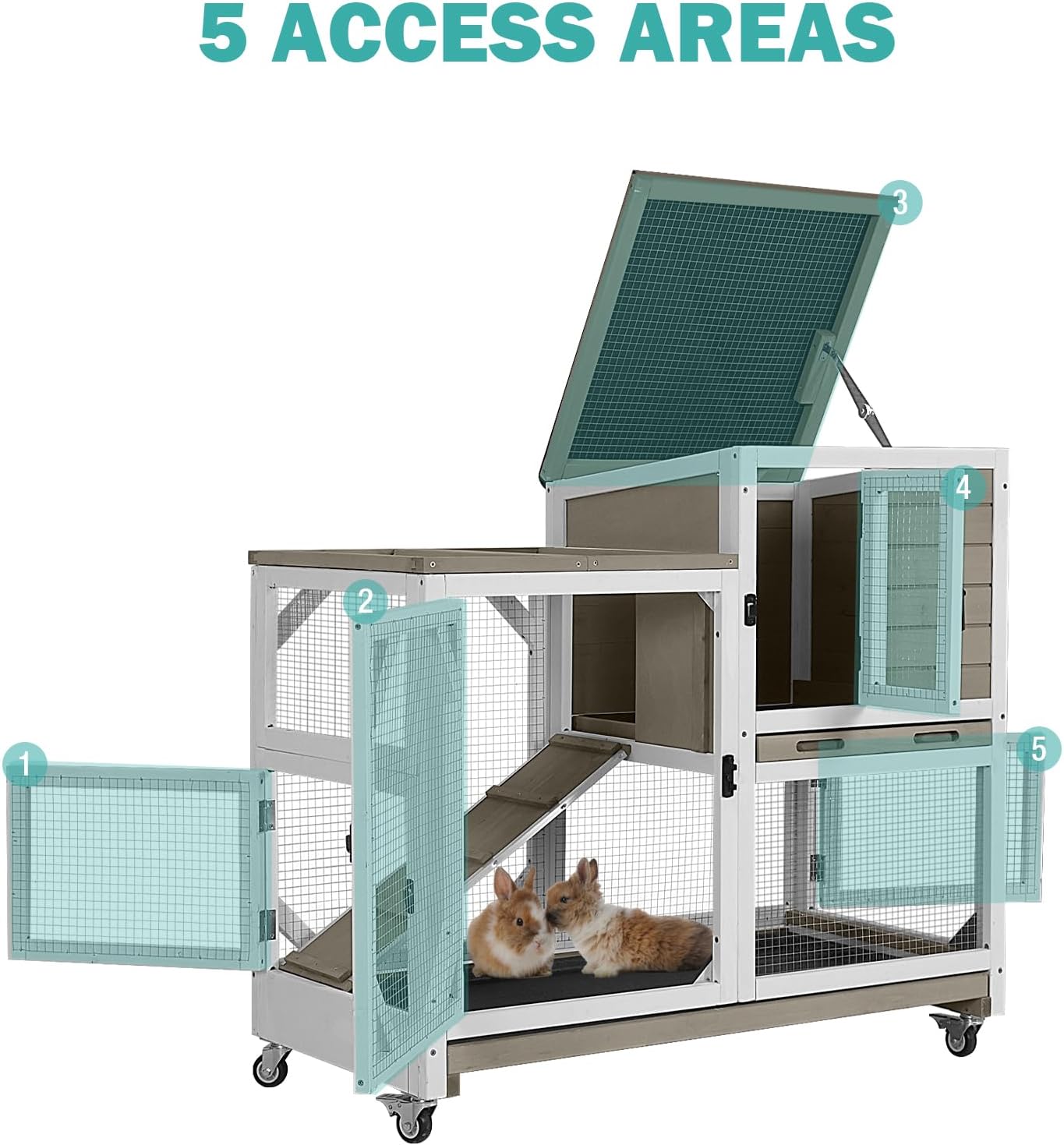 Rabbit Hutch Indoor for 2-4 Rabbits & Guinea Pigs，Bunny Cage with Slide-Out Plastic Trays，Wooden Small Animal Cage for Rabbits, Bunnies, and Guinea Pigs (Light Brown)