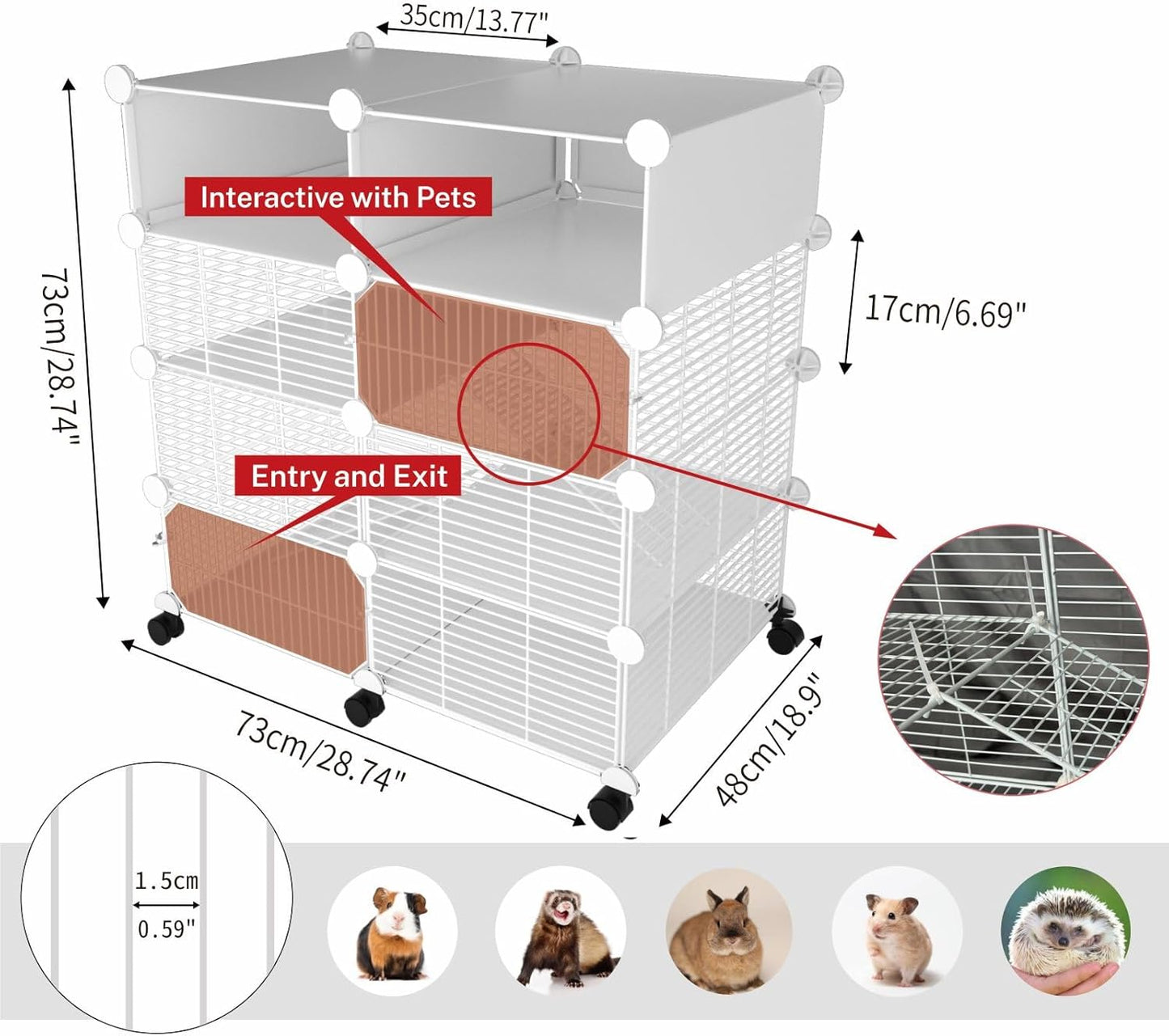 C&C Guinea Pig Cages Indoor on Wheels, 3 Tier Ferret Cage Small Animal Hideout House with Drawer & Removable Tray, Pet Playpen Fence for 1-3 Hamster Rat Chinchilla Hedgehog