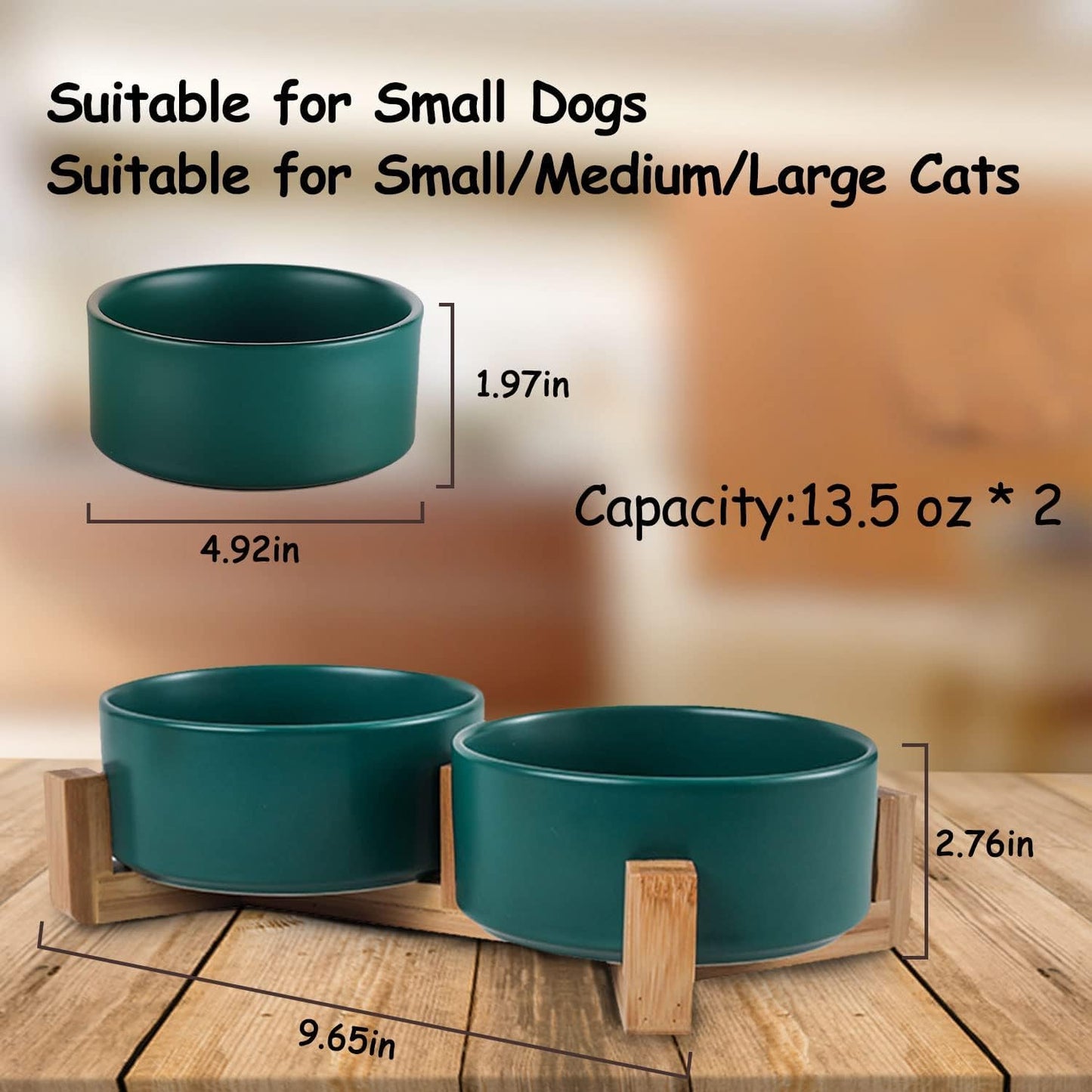Petygooing Dog Bowls,Green Ceramic Cat Dog Bowl Set with Stand for Food and Water Feeder,Non-Slip Cute Modern Pet Dishes for Cats Small Size Dogs Puppy (13.5OZ/5.1 in)