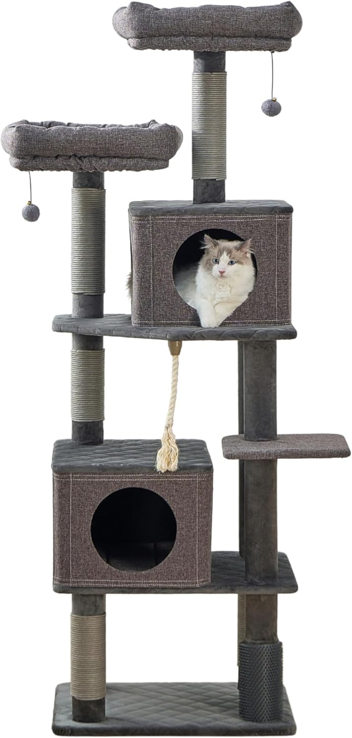 Catry® Stella 7-Level 67.5” Linen & Quilted Velvet Cat Tree with Recycled Paper Scratchers, Two Condos, Removable Beds, Toys, Easy to Clean, Ideal for Large Cats and Multi-Cat Homes (Zinc Gray)