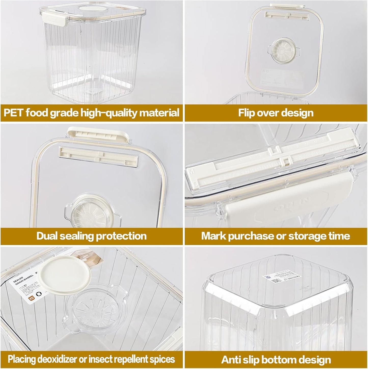 22 Lbs Large Rice Storage Container with Measuring Cup, Clear Pets Food Bin with Seal Locking Lid, Dry Food Flour Bin for Rice, Flour, Pet Food, Baking Supplies