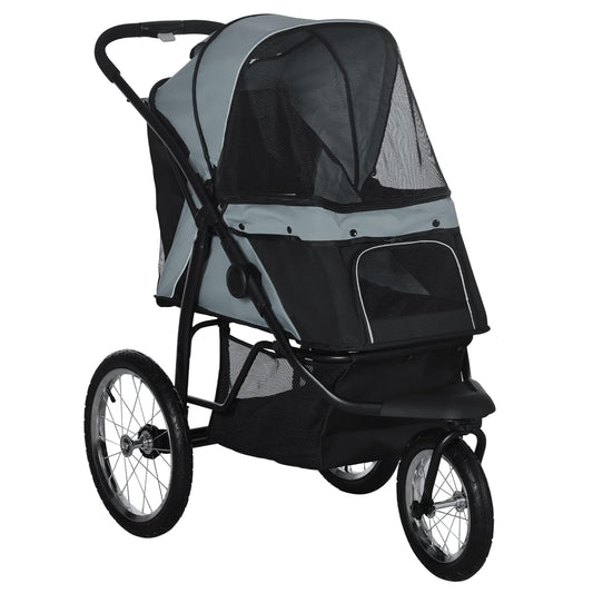 PawHut 3 Wheels Pet Stroller for Small and Medium Dogs, Foldable Cat Stroller Jogger with Adjustable Canopy, Safety Tether, Cushion, Storage Basket, Gray