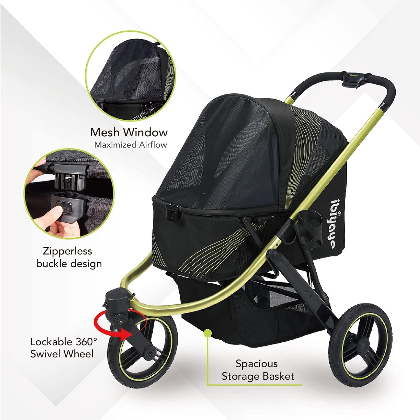 ibiyaya The Beast Pet Jogging Stroller for All Terrains, 3-Wheel Dog Carrier with Double Breaks, Zipperless Large Stroller for Running & Hiking, Multiple Small Dogs, Medium Dogs, or Cats (Jet Black)