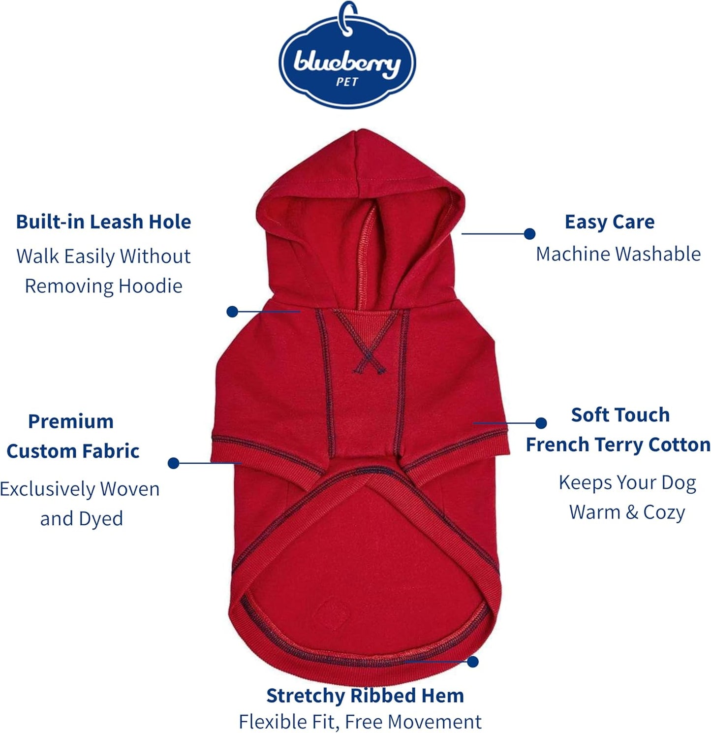 Blueberry Pet Essentials Dog Hoodie – 20 inch, Cotton‑Blend Sweatshirt with Hood, Red, Machine‑Washable Small‑Dog Jersey