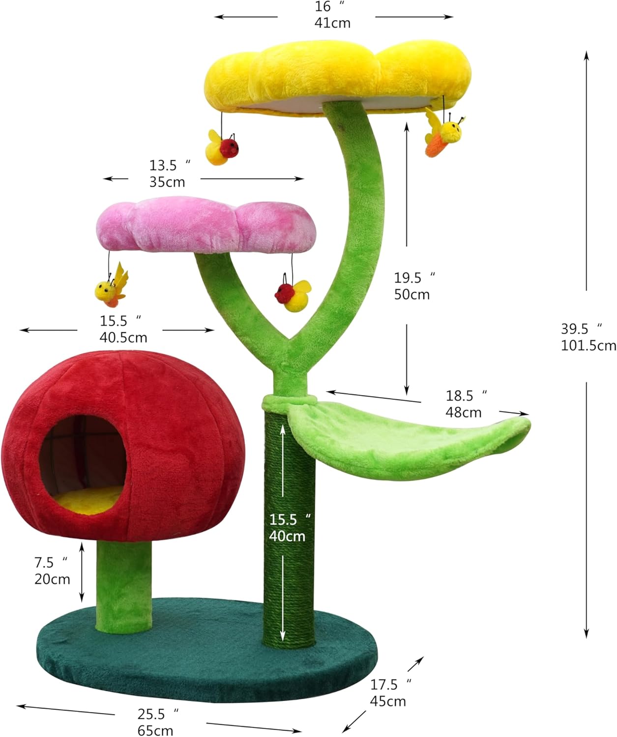 Catry 5-Level 40" Colorful Garden Style Cat Tree with Flower Perches, Leaf Hammock, Fruit Condo, Natural Sisal Scratching Post, Bee Toys, Parts Replaceable