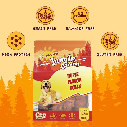 Jungle Calling Triple Flavor Rolls Dog Treats, Made with Real Chicken Duck Beef Meat, Rawhide Free Dogs Snacks,Healthy, Easily Digestible, and High Protein Treat, 10.6 oz
