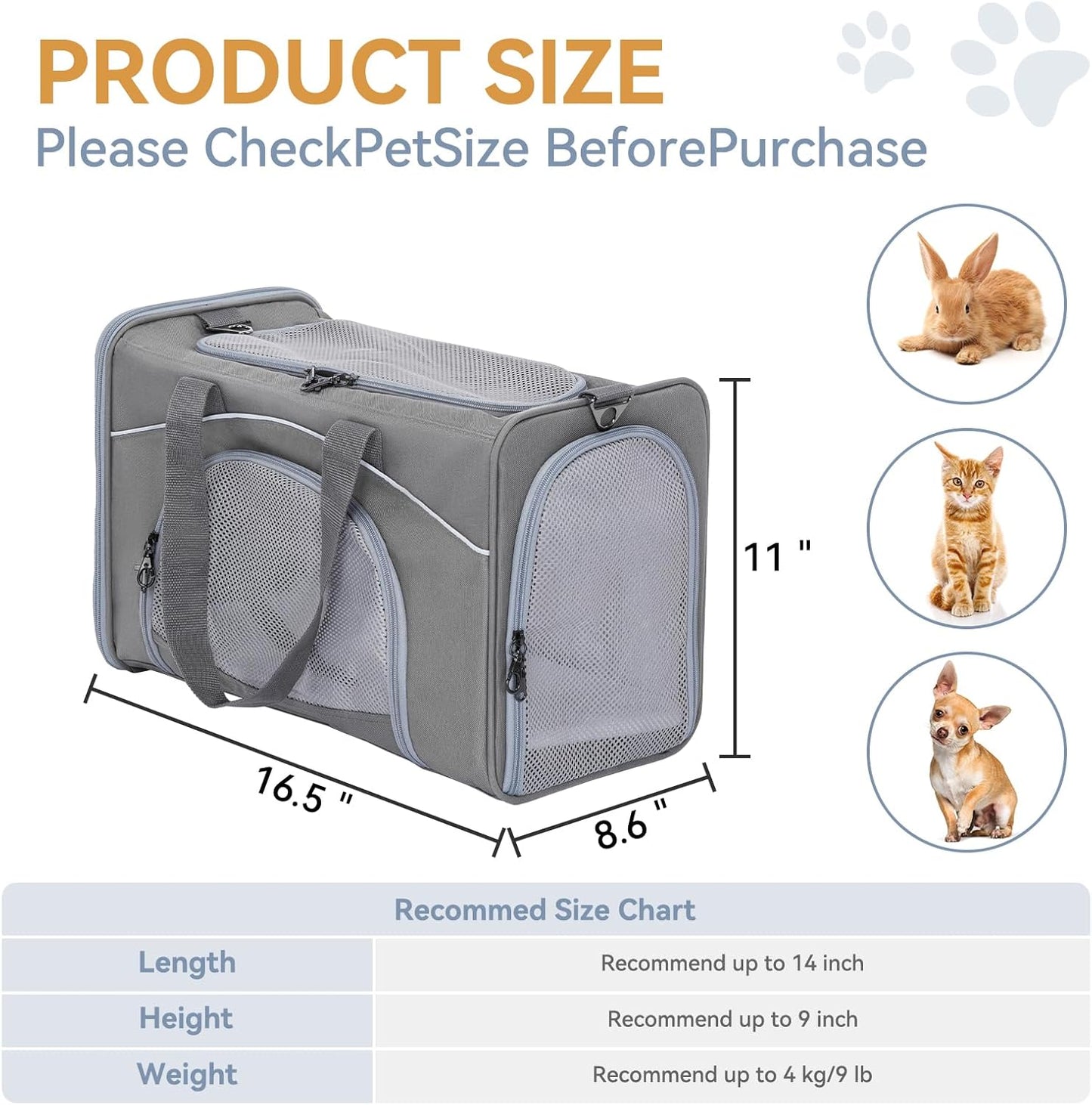 ‌Petsfit Airline Approved Pet Carrier for Small Cats, 16.5x8.6x11 TSA Approved Carrier, with Removable Dual-Sided Padding (2-Way Placement) - Fits Under Most Airplane Seats, Escape Proof (Gray)