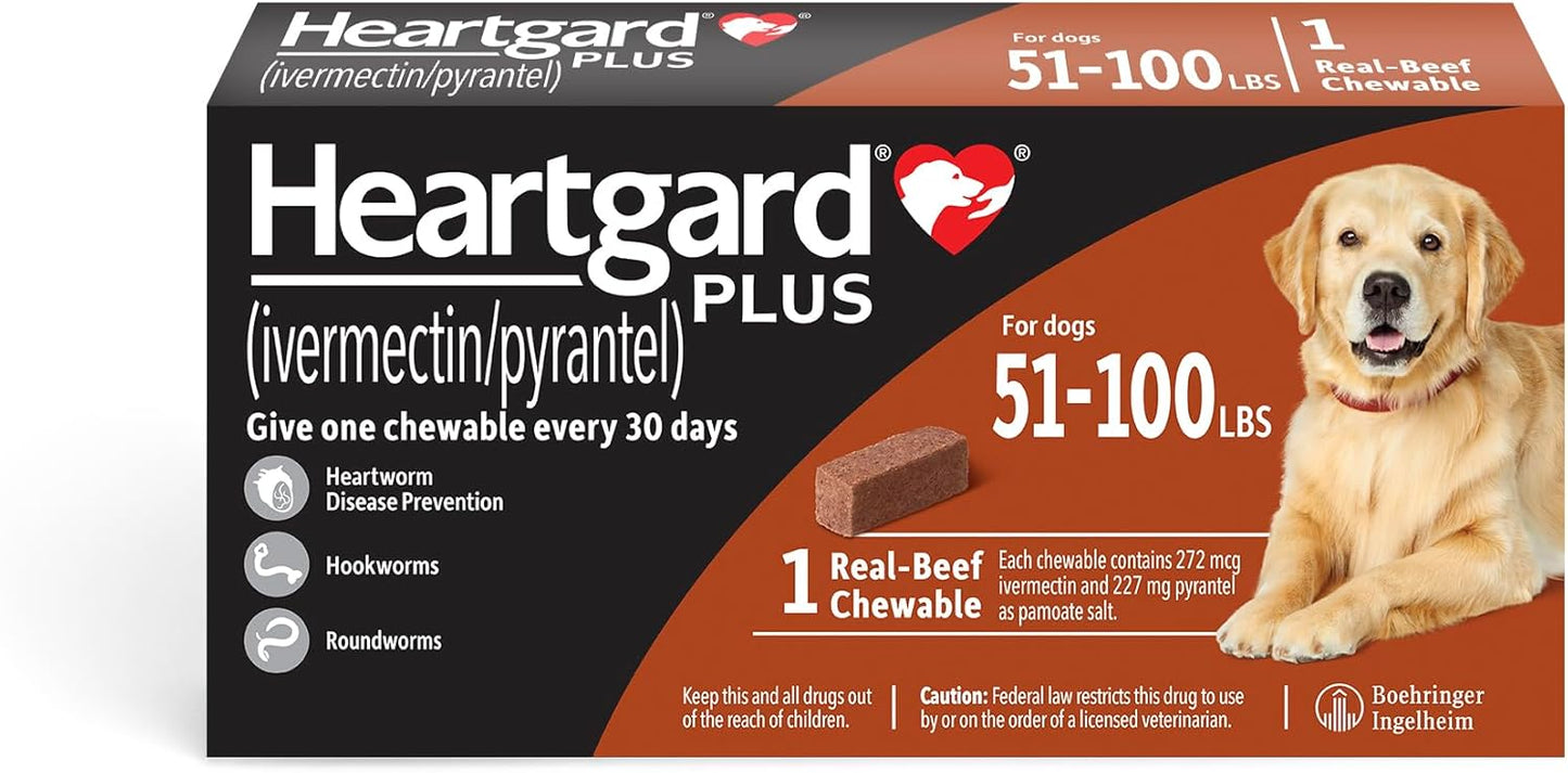 HEARTGARD® Plus (ivermectin/pyrantel) Real-Beef Chewables for Dogs 51 -100 lbs (Brown Box) 1 Month Supply of Chews (Heartworm Disease Preventive)