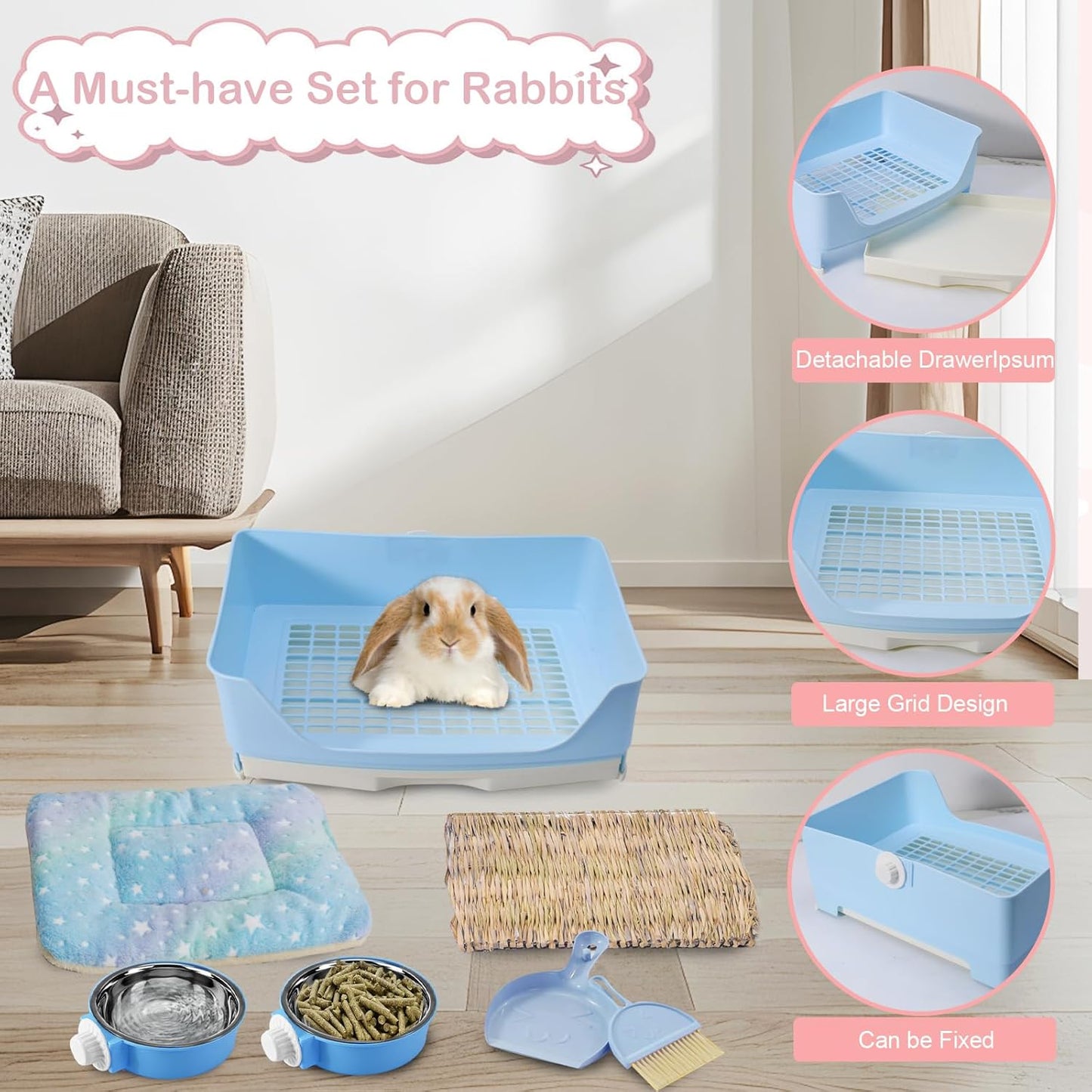 25 Pcs Large Rabbit Starter Kit, Bunny Litter Box with Drawer Animal Grooming Kit Stacking Cups Bowl Blankets Mat with Cleaning Set for Adult Guinea Pig, Ferret, Hamster, Bunnies Accessories (Blue)