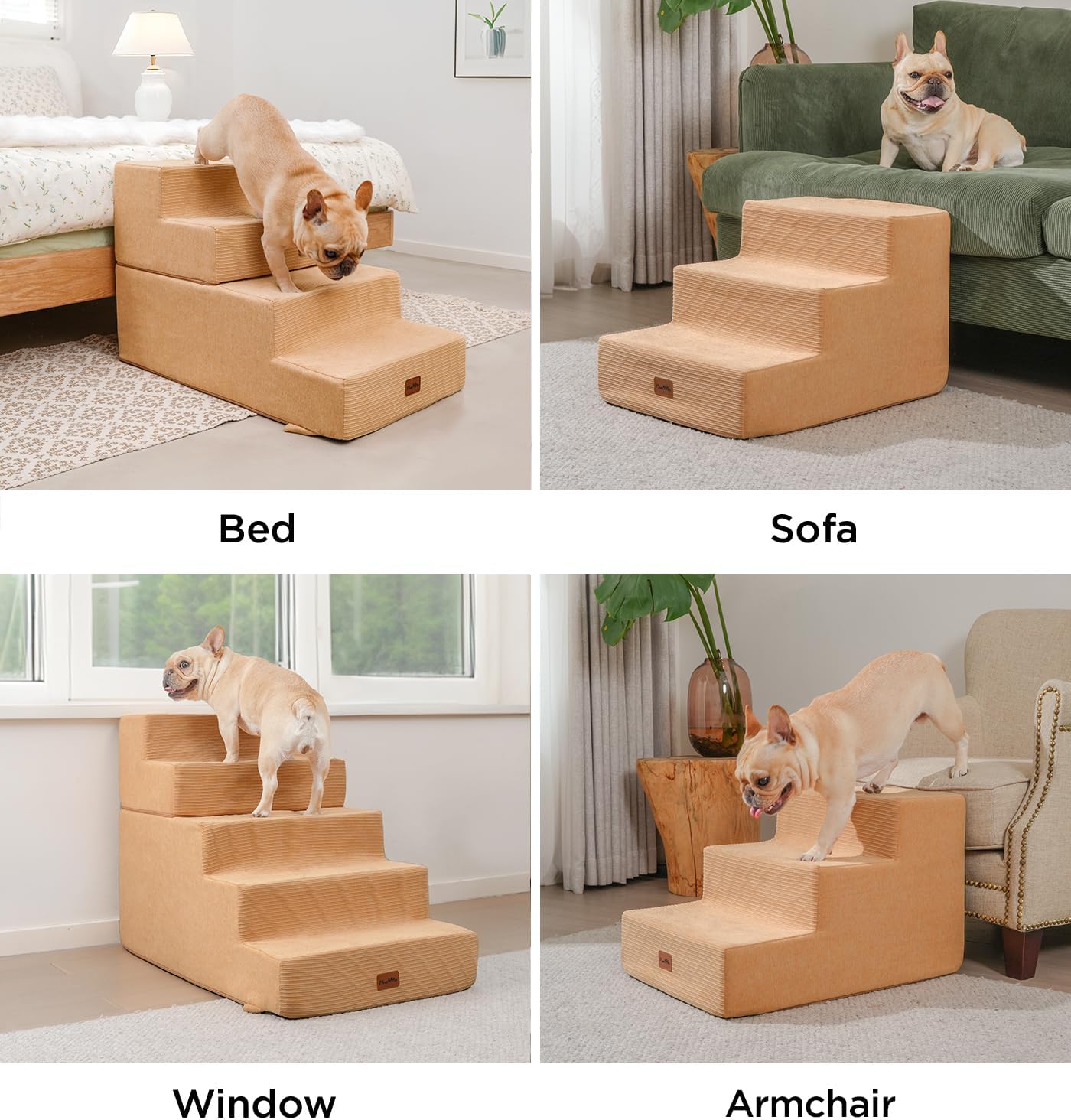 Made4Pets Dog Stairs for Small Dogs, Extra Wide Dog Steps for Bed Couch Sofa and Chair, 35D Foam Pet Steps for Small Dogs and Cats, Non-Slip Bottom Pet Stairs, Tan, 3 Steps